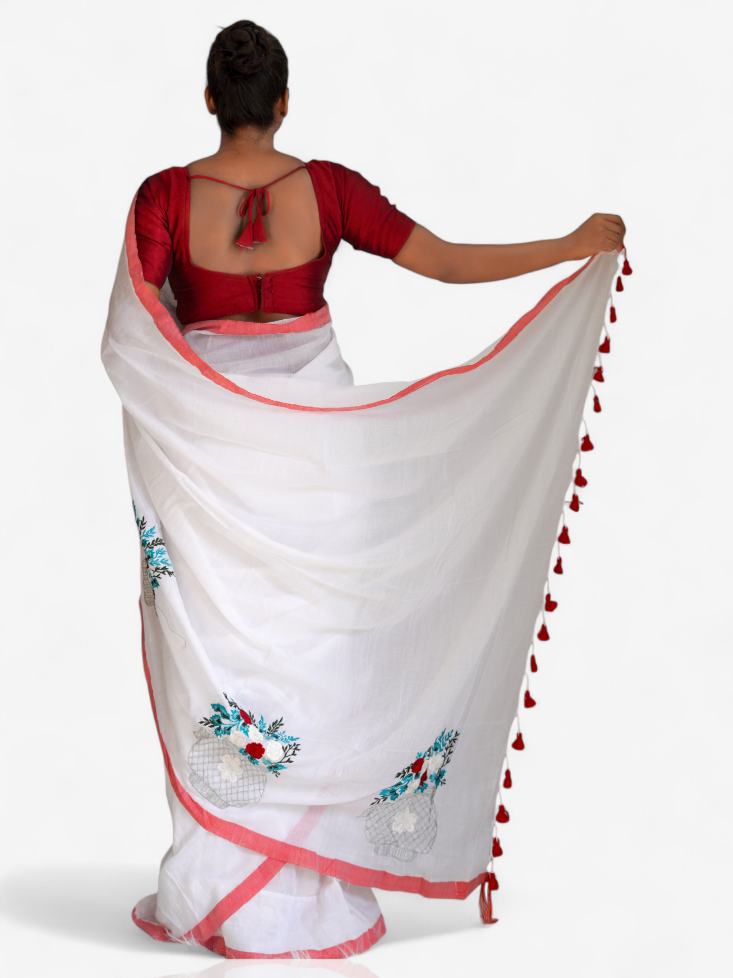 Thread Art Vase – Ready-to-Wear Pocket Saree with Floral Embroidery - Kozylook